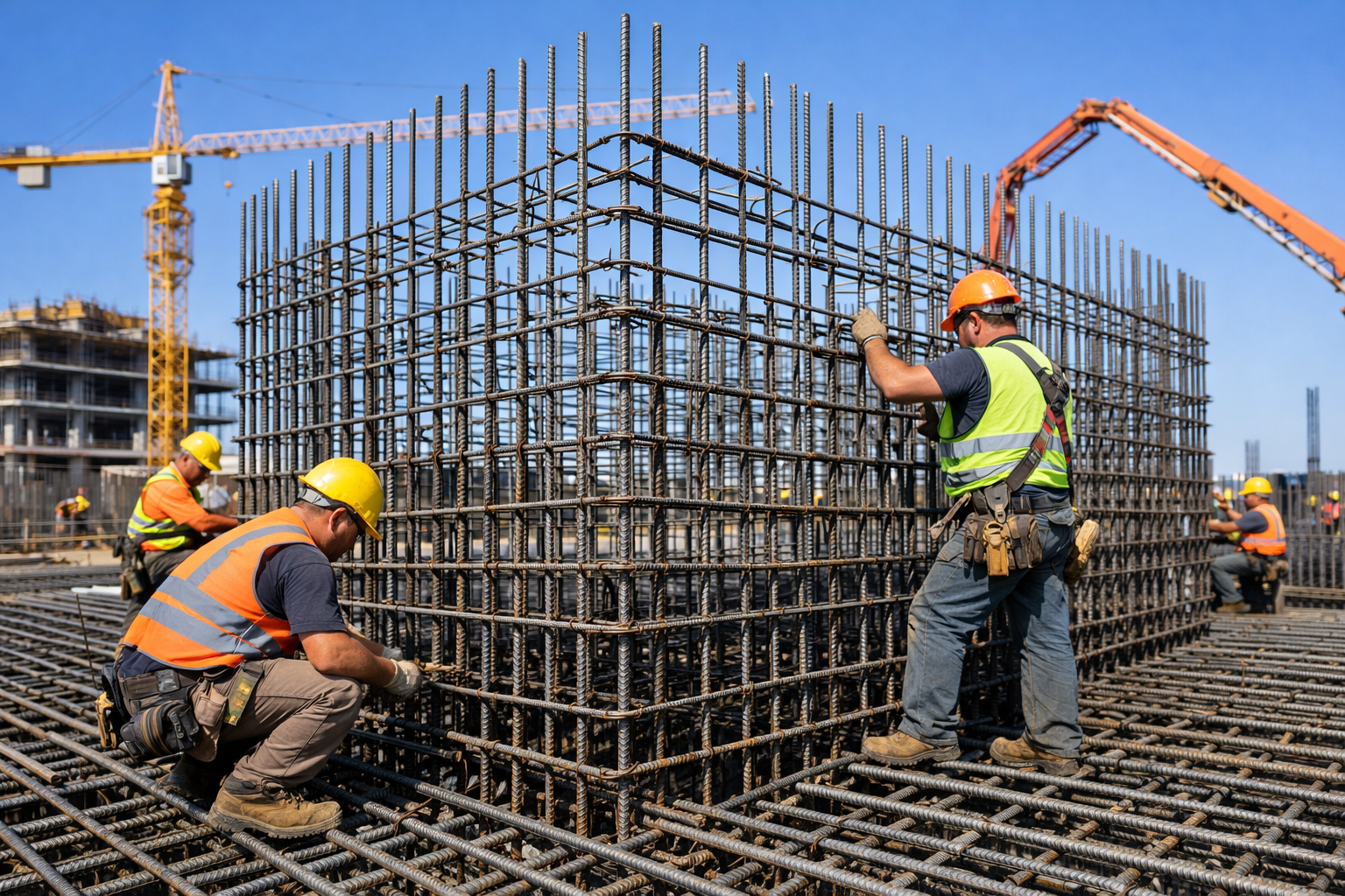 Rebar workers installing reinforcement on an active project site